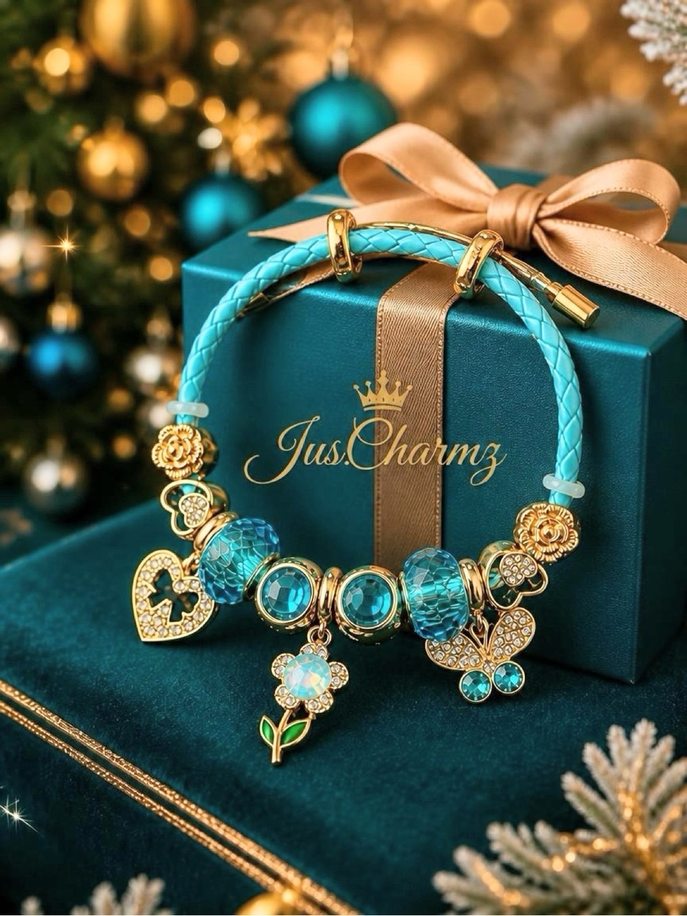 Teal Crystal Charm Bracelet - Gold Accents